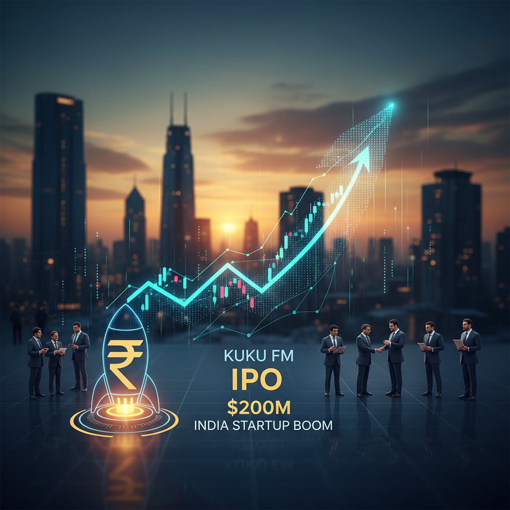 A professional image depicting a booming Indian startup market with a rocket icon and upward trending financial charts.