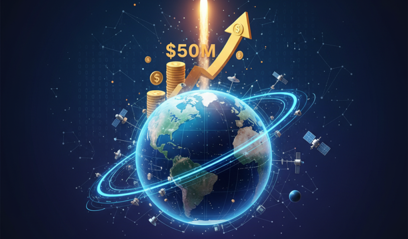 A rocket launching from Earth, surrounded by satellites, currency, and an upward arrow indicating growth.