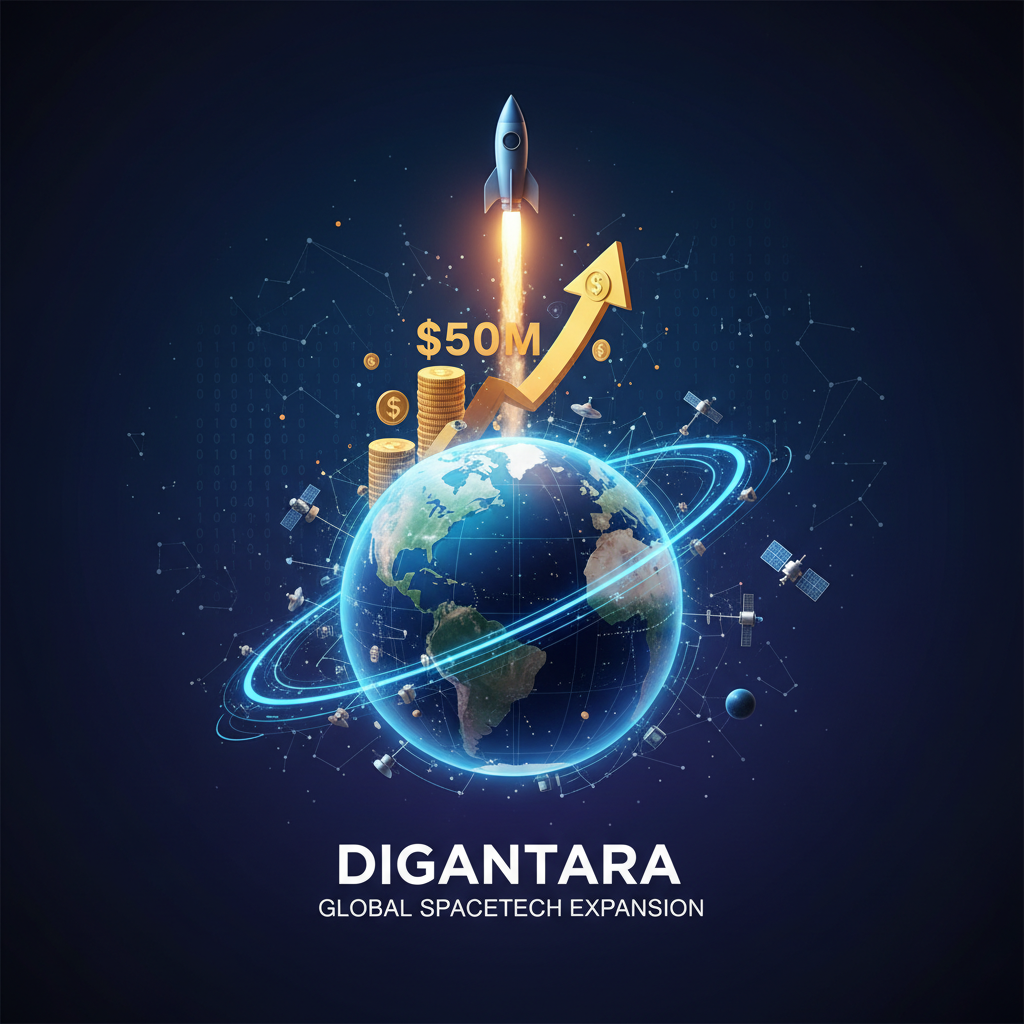 A rocket launching from Earth, surrounded by satellites, currency, and an upward arrow indicating growth.