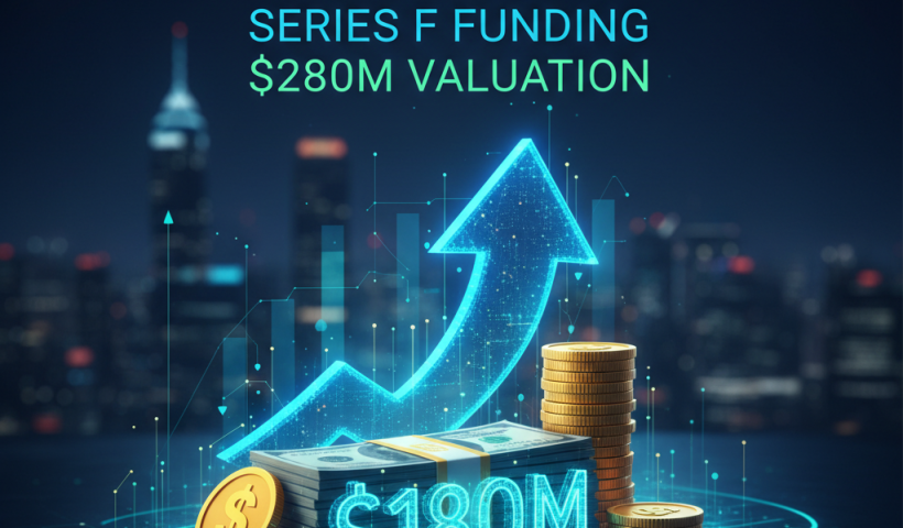 Digital visualization of funding, an upward arrow, cash, and coins against a city skyline.