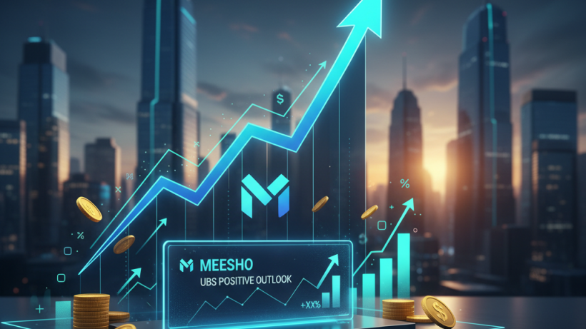 A glowing blue financial graph showing an upward trend and the Meesho logo, set against a blurred city skyline at dusk.