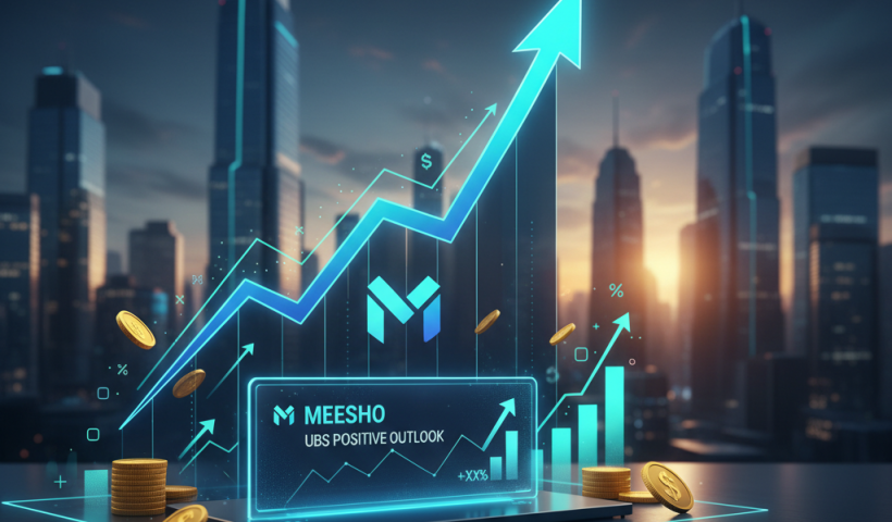 A glowing blue financial graph showing an upward trend and the Meesho logo, set against a blurred city skyline at dusk.