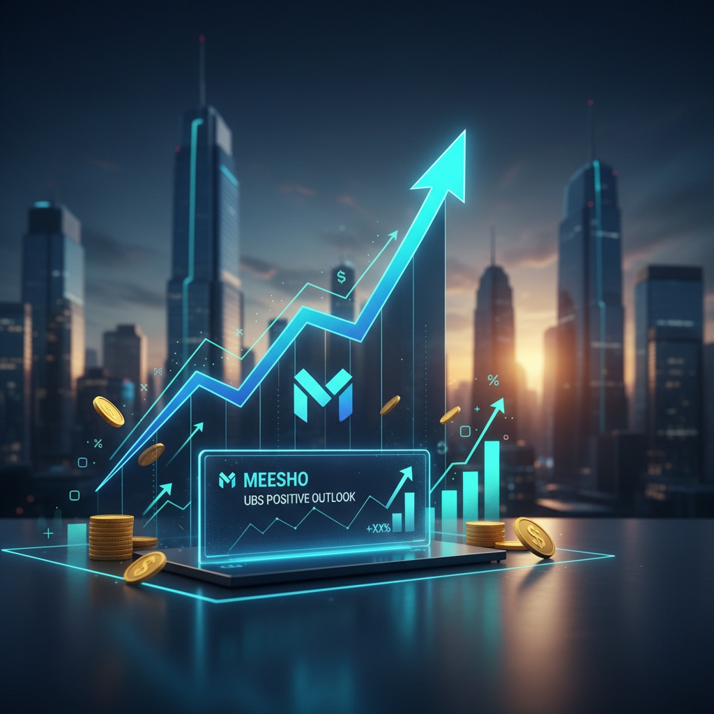 A glowing blue financial graph showing an upward trend and the Meesho logo, set against a blurred city skyline at dusk.