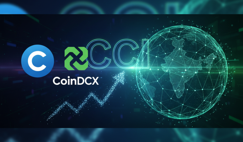 Digital illustration showing Coinbase and CoinDCX logos, CCI text, a globe highlighting India, and an upward trend arrow.