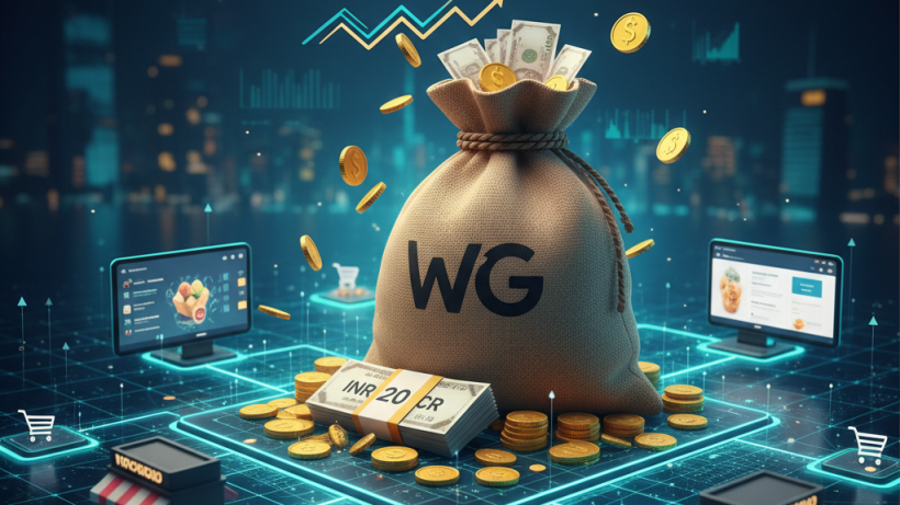 An illustrative image representing WickedGud's financial growth and omnichannel expansion with money bags, coins, and a network diagram.