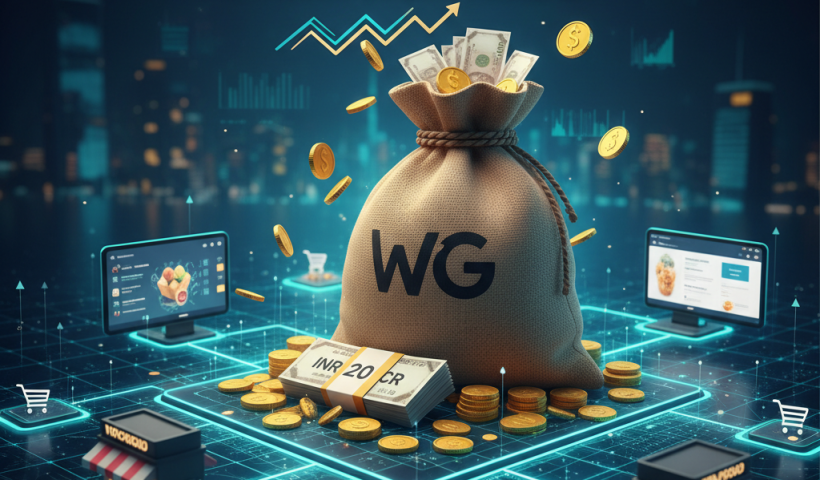 An illustrative image representing WickedGud's financial growth and omnichannel expansion with money bags, coins, and a network diagram.