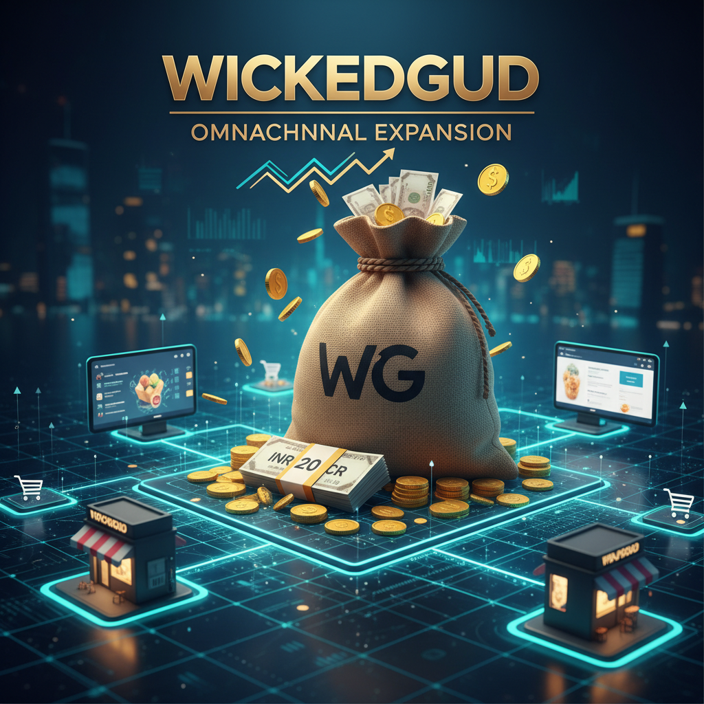 An illustrative image representing WickedGud's financial growth and omnichannel expansion with money bags, coins, and a network diagram.