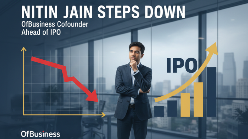 A man in a suit looks contemplatively at a declining red arrow graph and a rising yellow arrow IPO graph.