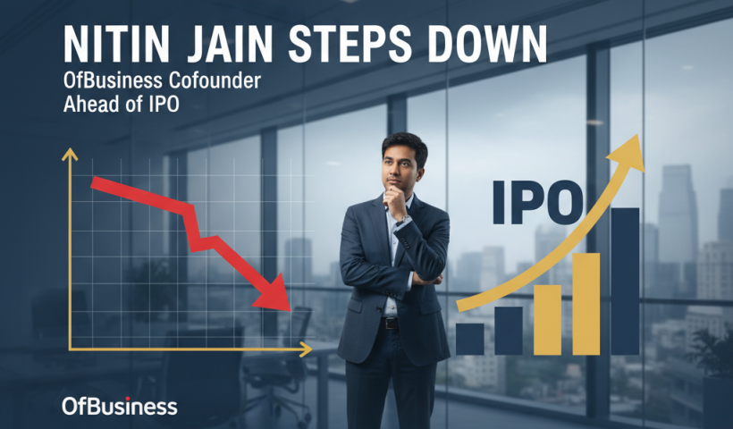 A man in a suit looks contemplatively at a declining red arrow graph and a rising yellow arrow IPO graph.