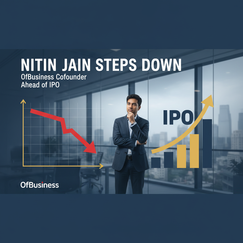 A man in a suit looks contemplatively at a declining red arrow graph and a rising yellow arrow IPO graph.