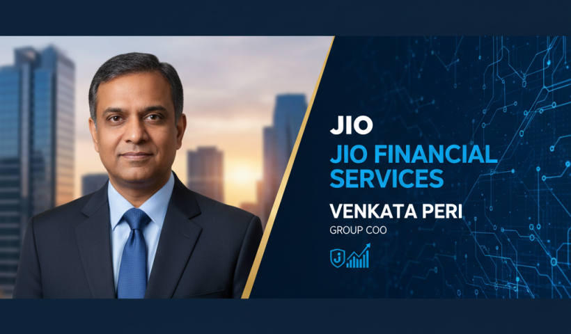 Professional portrait of Venkata Peri, an Indian man in a suit, against a blurred city background with company logo and text.