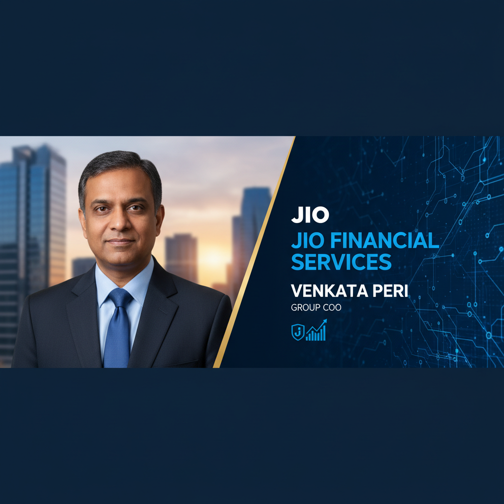 Professional portrait of Venkata Peri, an Indian man in a suit, against a blurred city background with company logo and text.