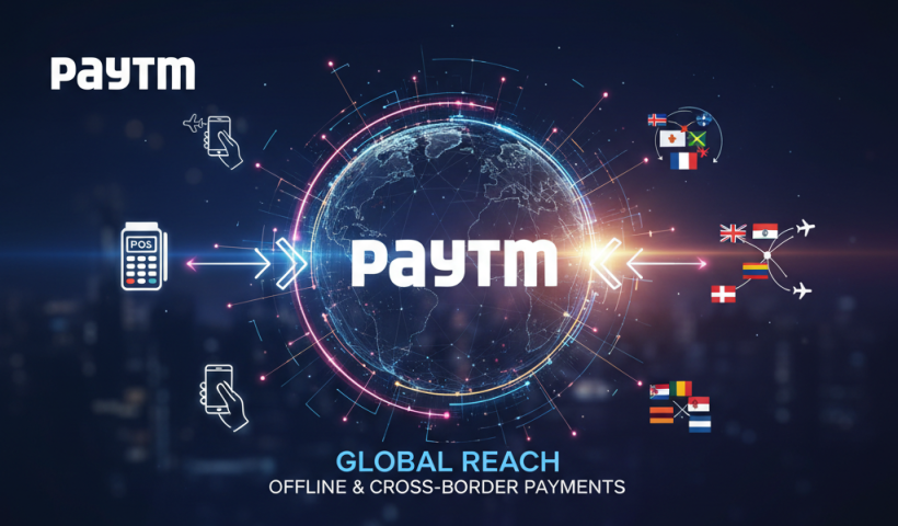 A digital illustration showing the Paytm logo at the center, surrounded by a glowing globe, connecting to various country flags, a POS machine, and a mobile phone.