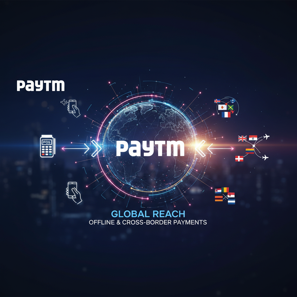 A digital illustration showing the Paytm logo at the center, surrounded by a glowing globe, connecting to various country flags, a POS machine, and a mobile phone.