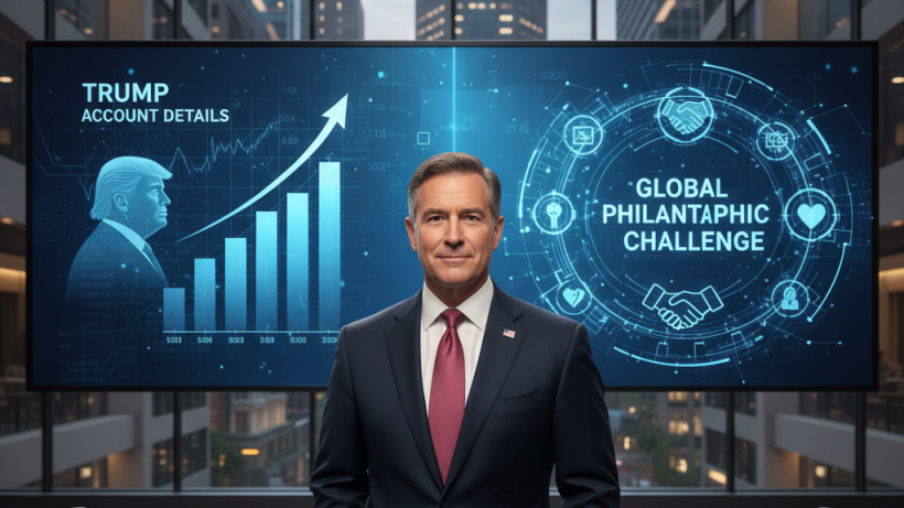 A professional man in a suit in a modern office, with screens showing Trump account details and a global philanthropic challenge.