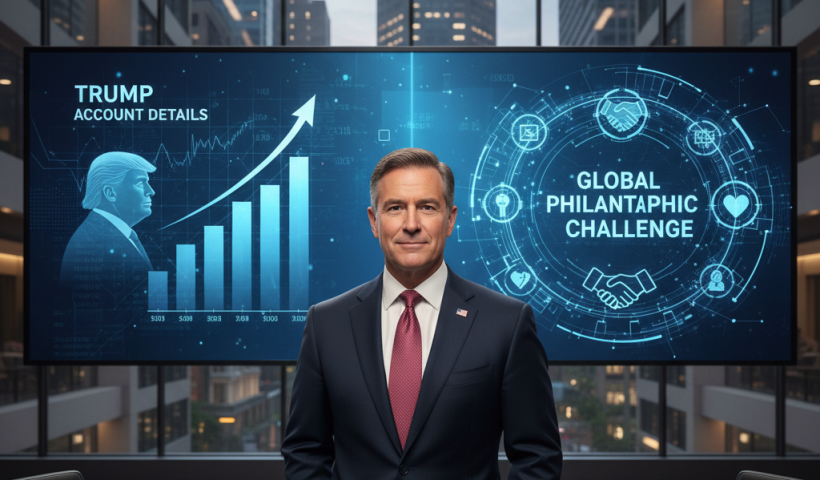 A professional man in a suit in a modern office, with screens showing Trump account details and a global philanthropic challenge.