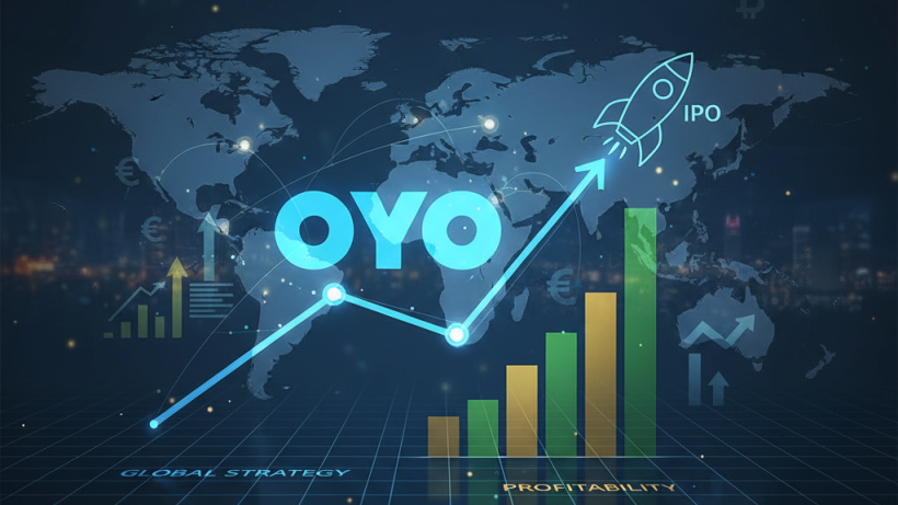 A digital illustration representing OYO's IPO ambitions with a rising graph, a rocket, and a global map backdrop.