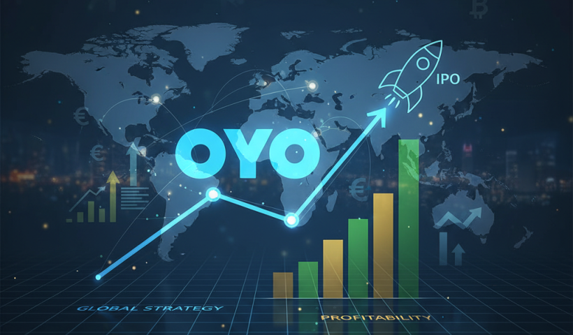 A digital illustration representing OYO's IPO ambitions with a rising graph, a rocket, and a global map backdrop.