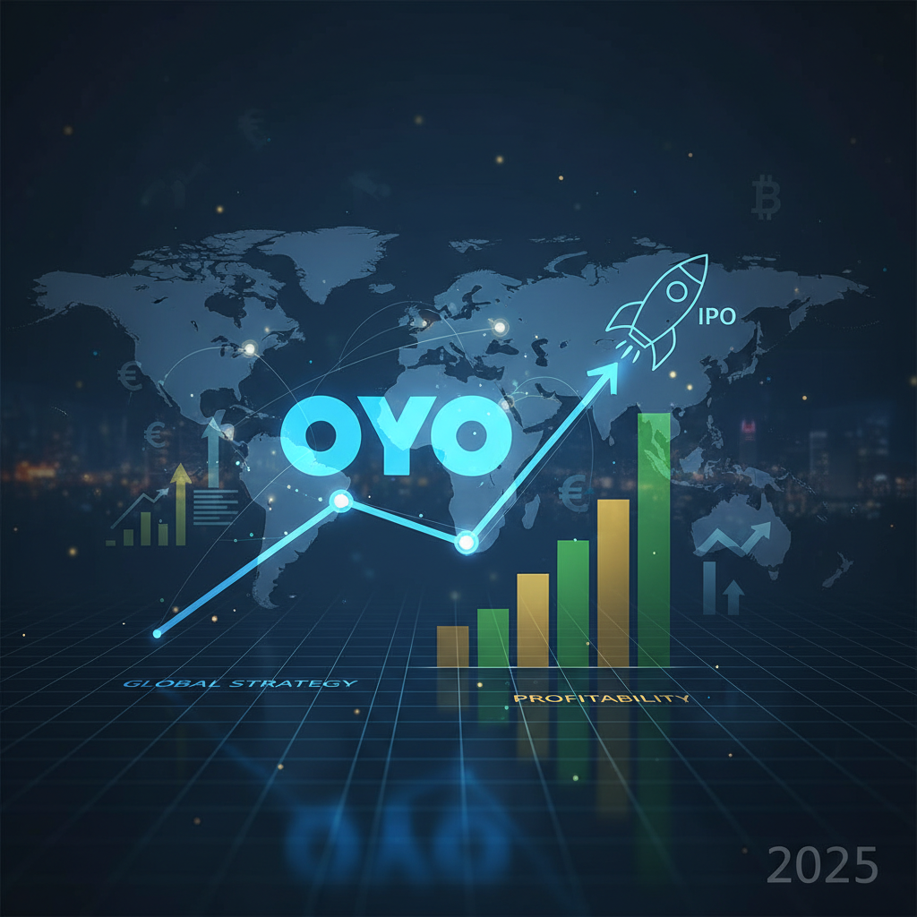 A digital illustration representing OYO's IPO ambitions with a rising graph, a rocket, and a global map backdrop.
