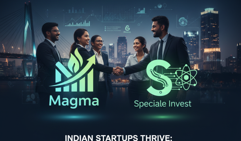 Professional image representing Indian startup growth, featuring Magma and Speciale Invest logos and business people shaking hands.