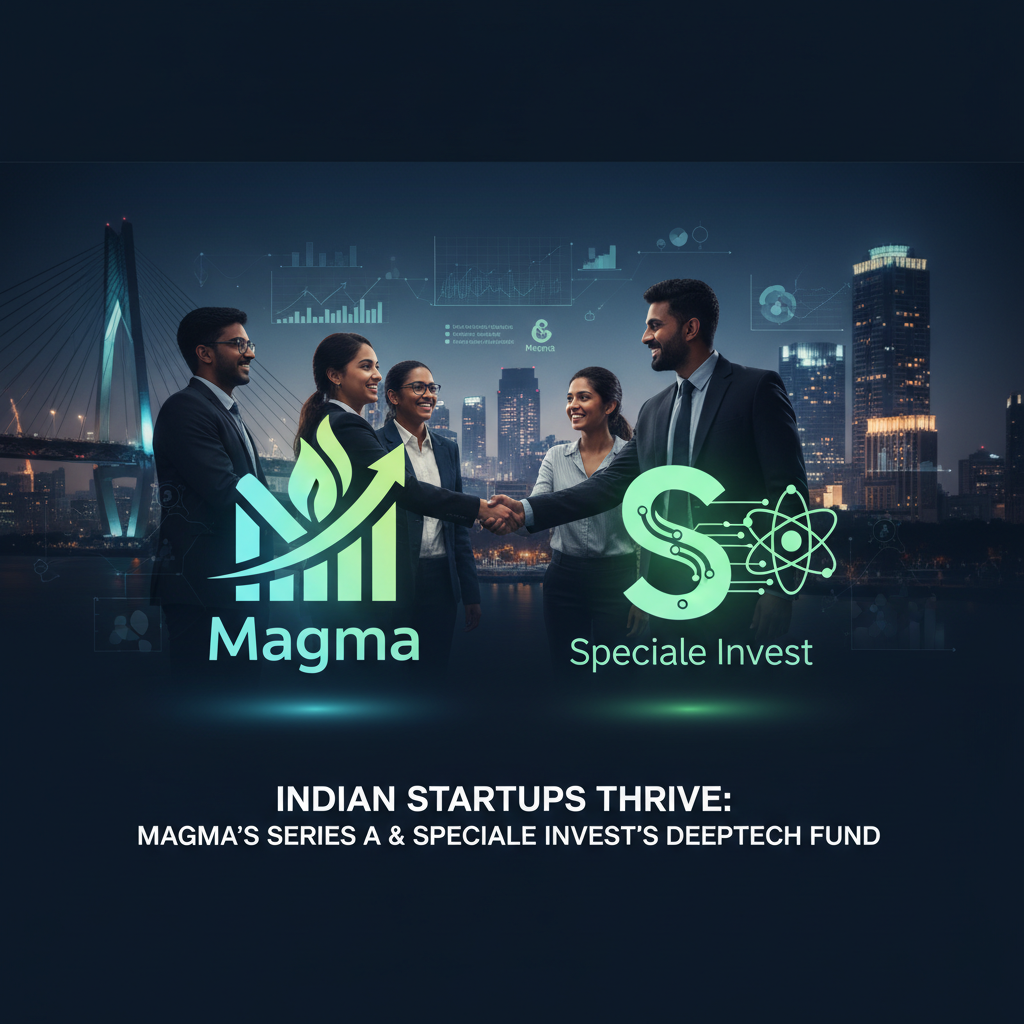 Professional image representing Indian startup growth, featuring Magma and Speciale Invest logos and business people shaking hands.