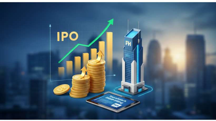 A modern building with FH logo, rising coin stacks, a tablet displaying 'Travelstack DRHP Filing', and a glowing IPO graph.