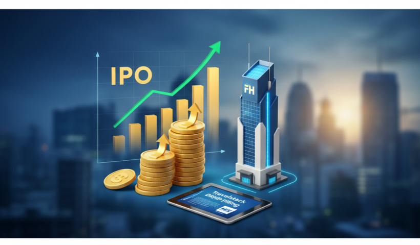 A modern building with FH logo, rising coin stacks, a tablet displaying 'Travelstack DRHP Filing', and a glowing IPO graph.