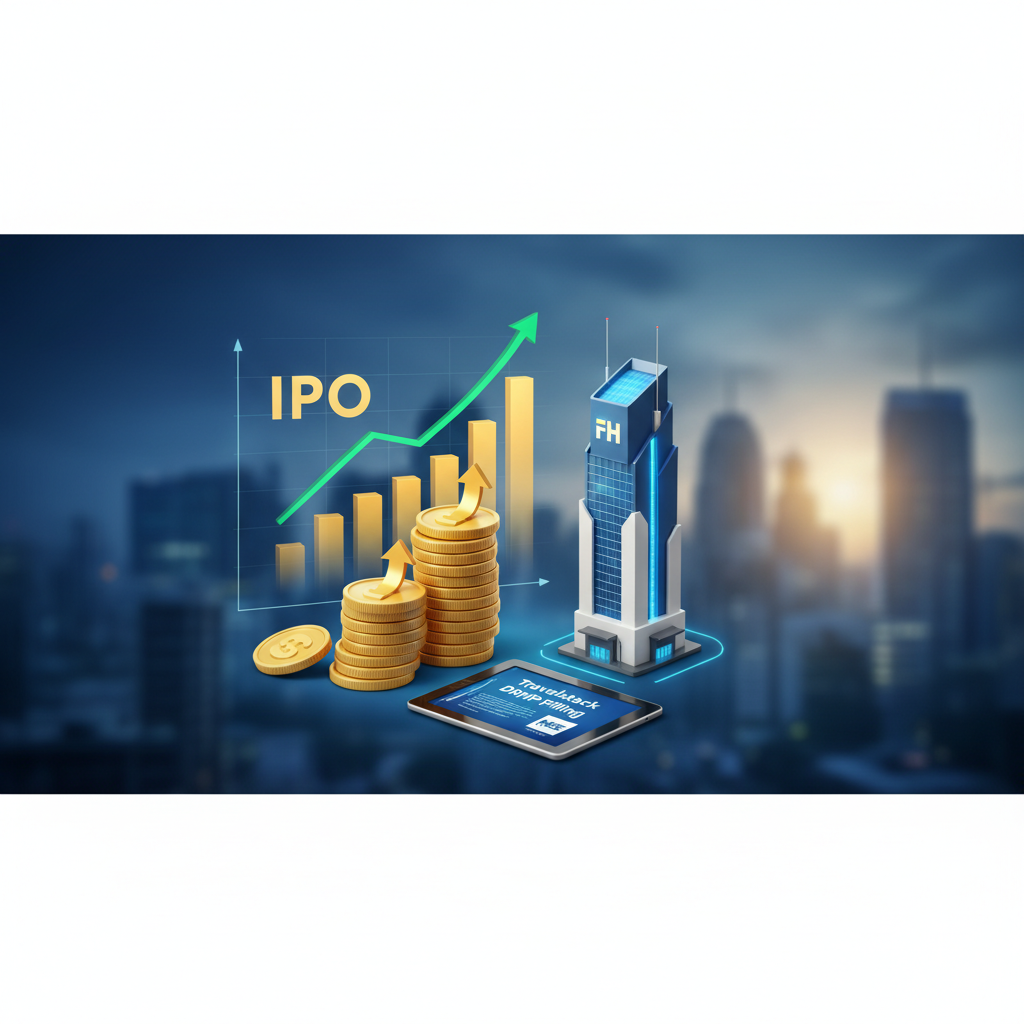 A modern building with FH logo, rising coin stacks, a tablet displaying 'Travelstack DRHP Filing', and a glowing IPO graph.