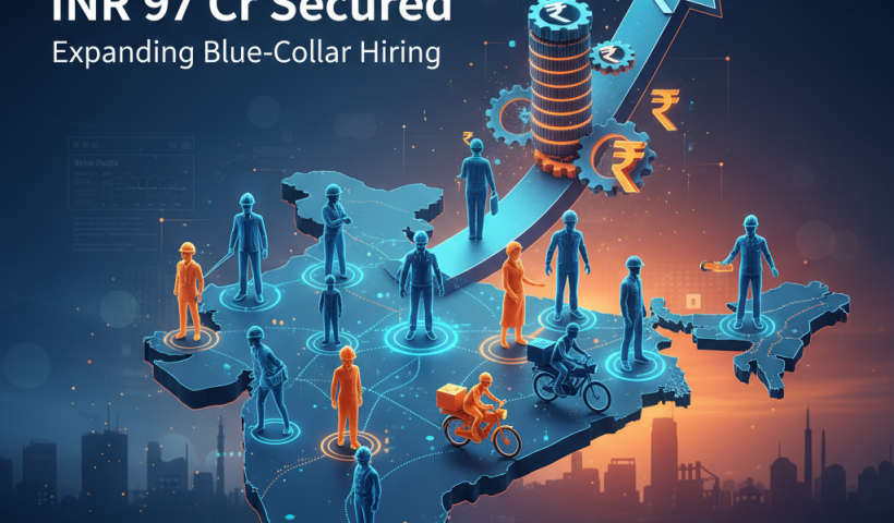 An abstract map of India with interconnected blue-collar workers, financial symbols, and an upward growth arrow.