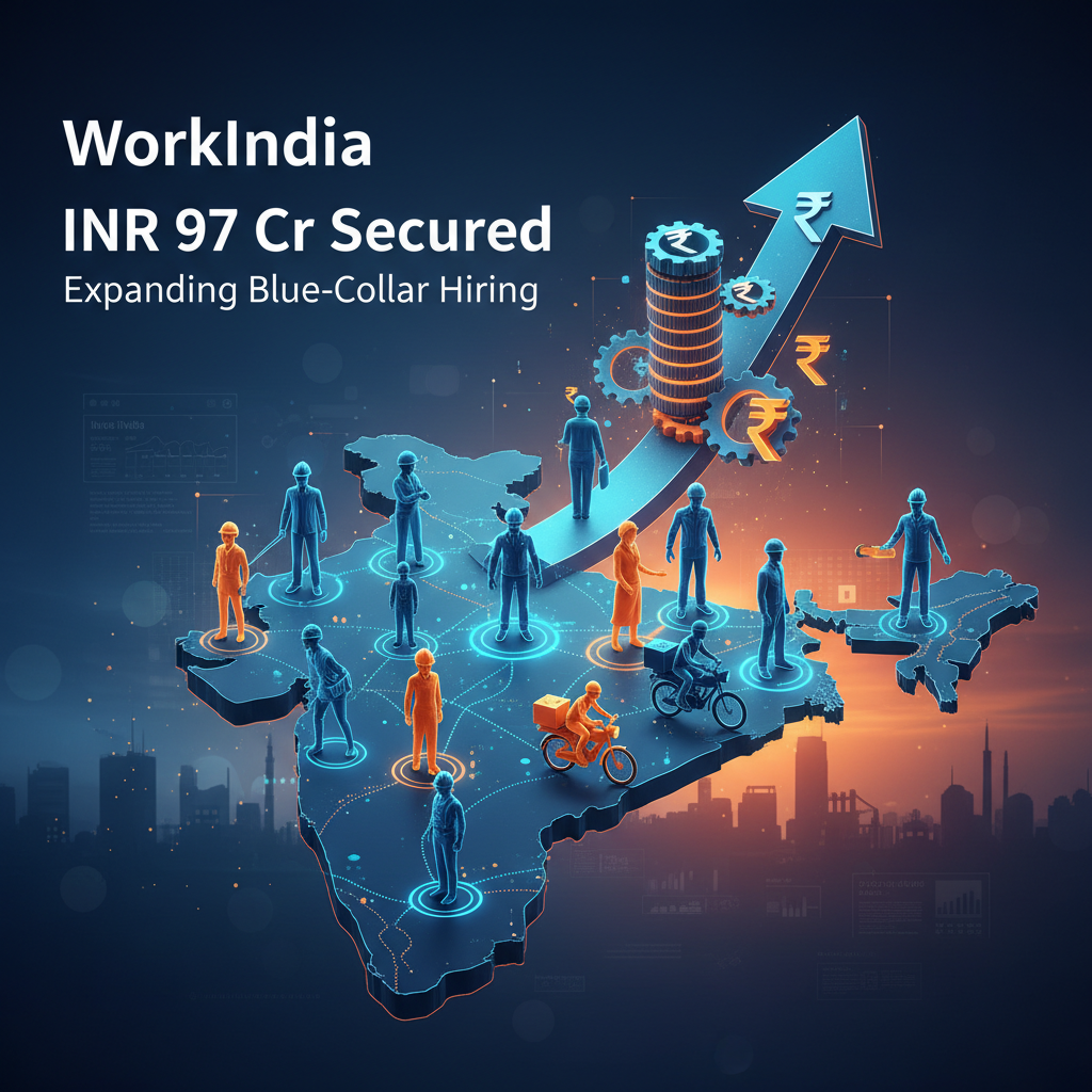 An abstract map of India with interconnected blue-collar workers, financial symbols, and an upward growth arrow.