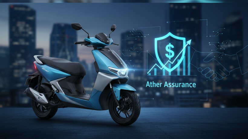 A professional image showing an Ather electric scooter next to a digital shield icon with a dollar sign and upward arrow, representing Ather Assurance and the integration of finance and technology.