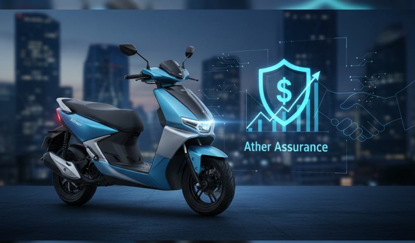 A professional image showing an Ather electric scooter next to a digital shield icon with a dollar sign and upward arrow, representing Ather Assurance and the integration of finance and technology.