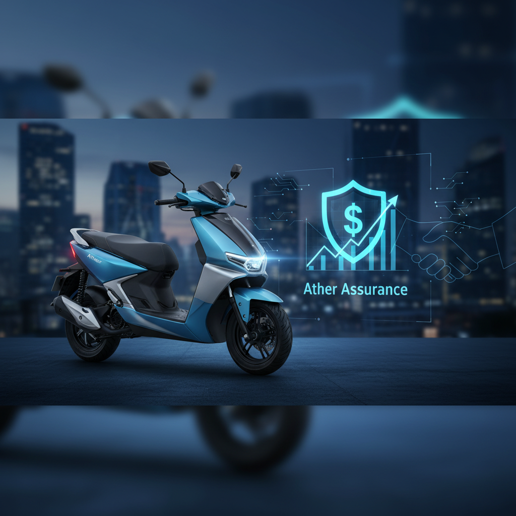 A professional image showing an Ather electric scooter next to a digital shield icon with a dollar sign and upward arrow, representing Ather Assurance and the integration of finance and technology.