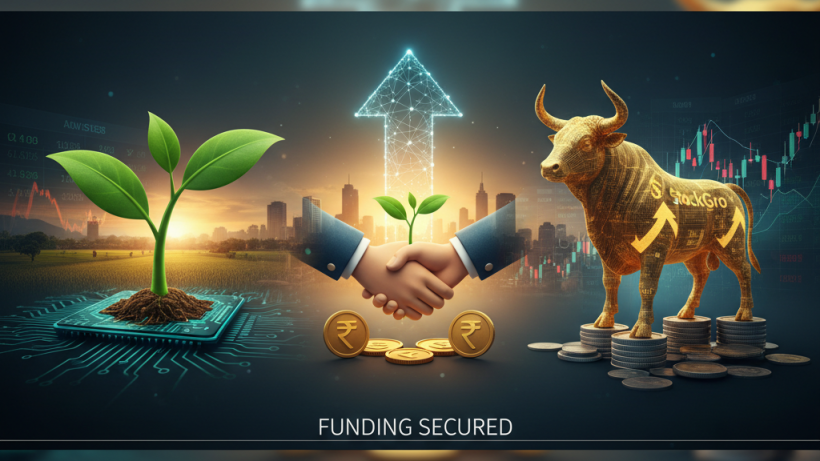 Professional image depicting startup growth and financial investment with Indian Rupee symbols, handshake, and a bullish market.