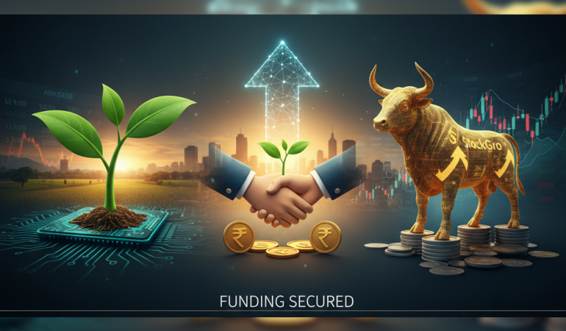 Professional image depicting startup growth and financial investment with Indian Rupee symbols, handshake, and a bullish market.