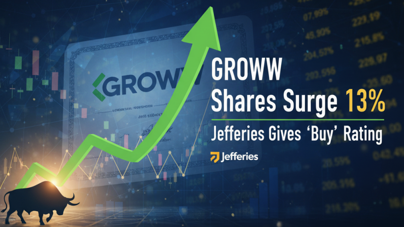 A bull market image with an upward arrow and the Groww logo, signifying stock growth.