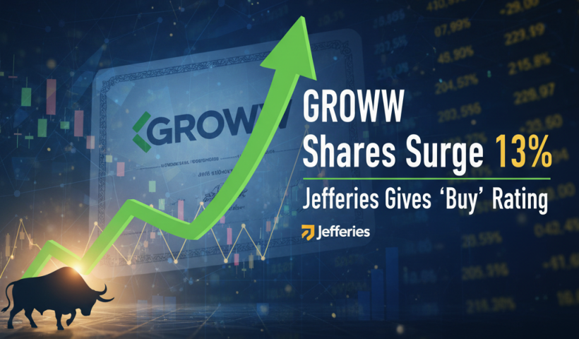 A bull market image with an upward arrow and the Groww logo, signifying stock growth.