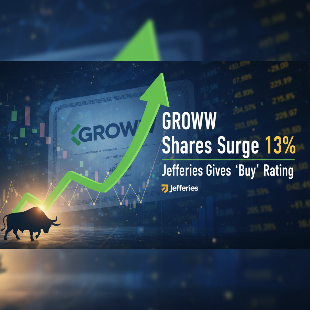 A bull market image with an upward arrow and the Groww logo, signifying stock growth.
