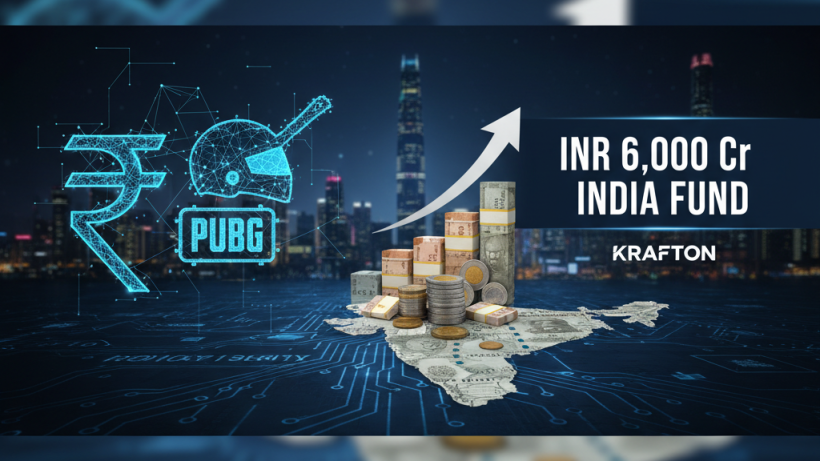 An image representing KRAFTON's INR 6,000 Cr India fund, featuring Indian currency, a PUBG helmet, and an upward arrow.