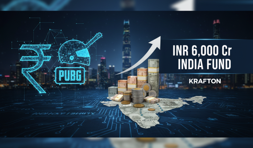 An image representing KRAFTON's INR 6,000 Cr India fund, featuring Indian currency, a PUBG helmet, and an upward arrow.