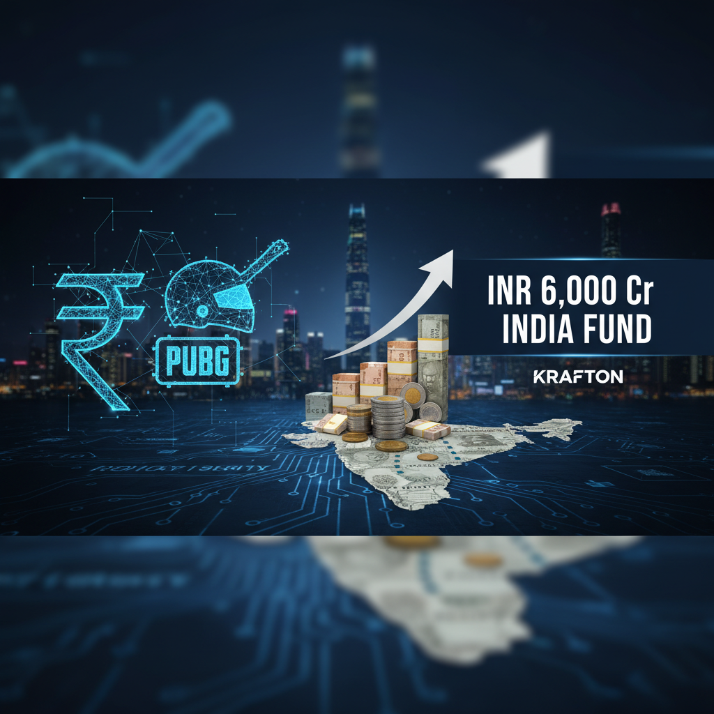 An image representing KRAFTON's INR 6,000 Cr India fund, featuring Indian currency, a PUBG helmet, and an upward arrow.