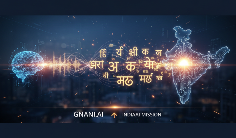 A professional header image showing a glowing digital map of India connected to a brain icon, with sound waves and Indic script.