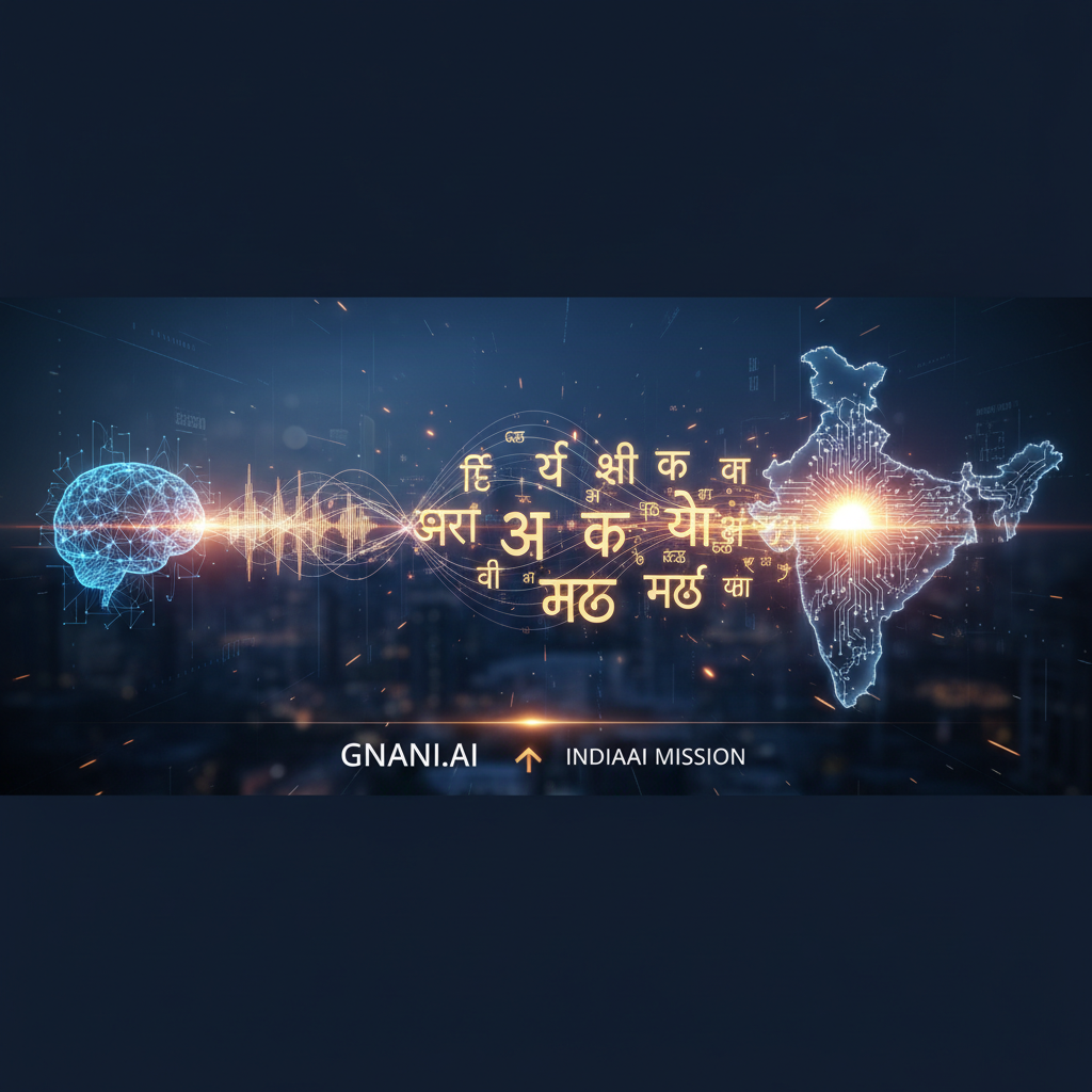 A professional header image showing a glowing digital map of India connected to a brain icon, with sound waves and Indic script.