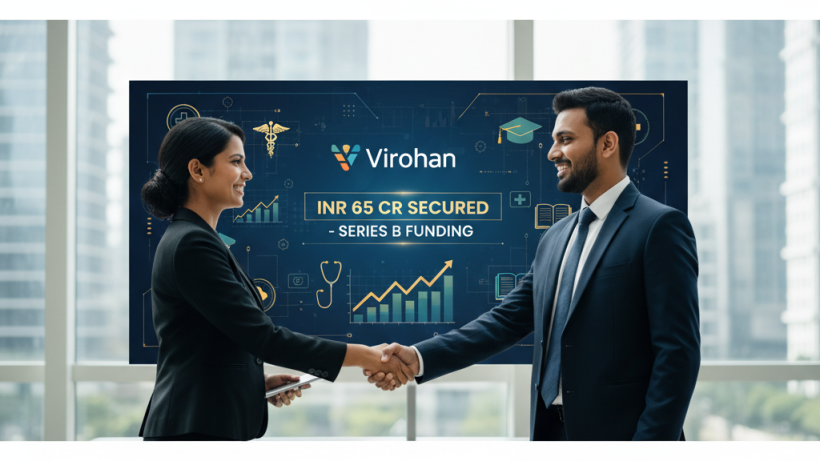 Two professionals shaking hands in front of a digital display showing "Virohan INR 65 CR Secured - Series B Funding".