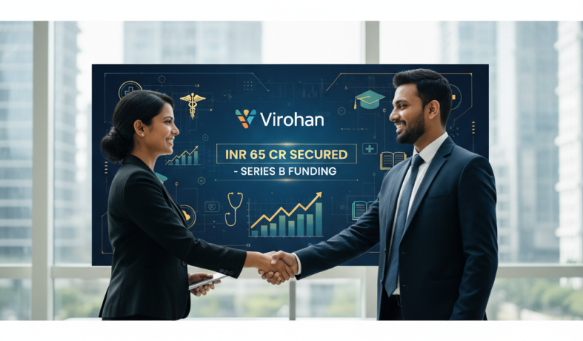 Two professionals shaking hands in front of a digital display showing "Virohan INR 65 CR Secured - Series B Funding".