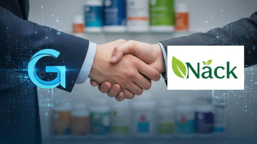 Two individuals shaking hands with Gabit and Näck logos, symbolizing an acquisition in the supplement industry.