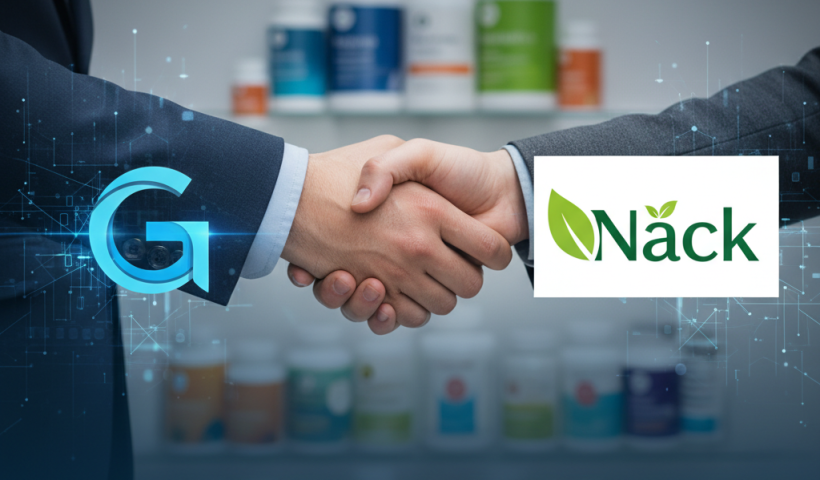 Two individuals shaking hands with Gabit and Näck logos, symbolizing an acquisition in the supplement industry.